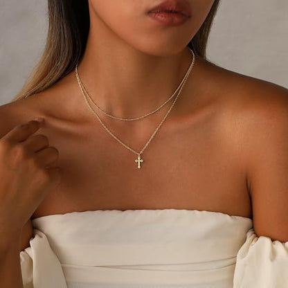 Rotnso Cross Necklace for Women 14K Gold Plated Dainty Small Pendant Choker - style: 2 Layered Bead+Vintage Cross-GD