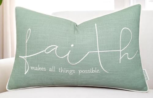 Rudransha Faith Bible Verse Embroidered 12x20 Lumbar Throw Pillow Cover - Light Teal Cotton Scripture Christian Gift - Inspirational Quote Decor for Bed Sofa Couch Prayer Room - color: Light Teal-faith