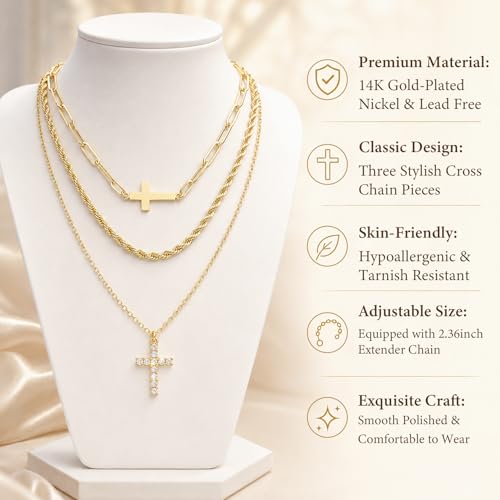 3pcs Gold Cross Necklace for Women, Layered Necklace - color: Gold