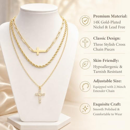 3pcs Gold Cross Necklace for Women, Layered Necklace - color: Gold