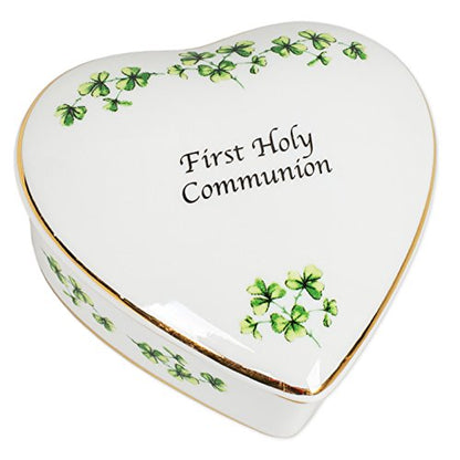 CBE First Holy Communion Irish Shamrocks Porcelain Heart Shaped Keepsake Box