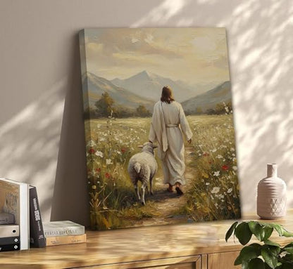 Jesus Leaves The 99 Sheep Canvas Wall Art Jesus and Lamb Posters Prints - size: 24"L x 16"W