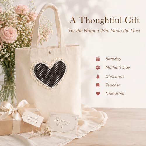 Christian Tote Bag Gift for Women, Canvas Bible Bag Handmade Floral Cross - color: Cream-brown Polka Dot