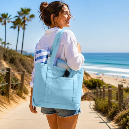 DALIX 20" Solid Color Cotton Canvas Shopping Tote Bag in Light Blue - color: Light Blue