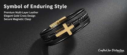 Stainless Steel Braided Leather Bracelet for Men Cuff Bangle Cross - color: 1-gold