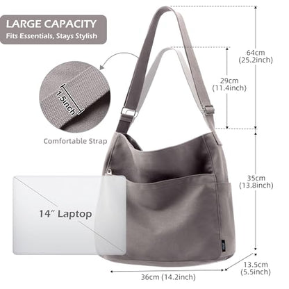 KALIDI Canvas Tote Bag Zipper Large Crossbody Shoulder Bag Messenger Bag - color: *Grey