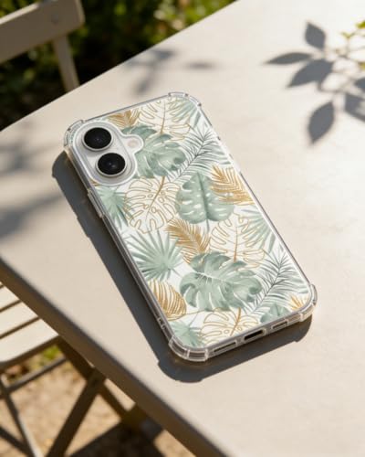 Tropical Monstera Leaves Phone Case Compatible with iPhone 17, Minimalist Aesthetic Gold and Green Palm Leaf Phone Cover for iPhone 17 - color: Tropical Leaf