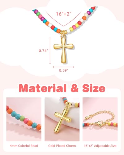 PINKDODO Colorful Bead Cross Necklace for Girls Christian Gifts with Crad