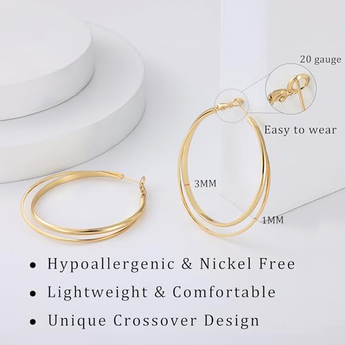 Gacimy Criss Cross Hoop Earrings for Women, 14K Gold Plated Hoops - color: Gold, size: 50mm