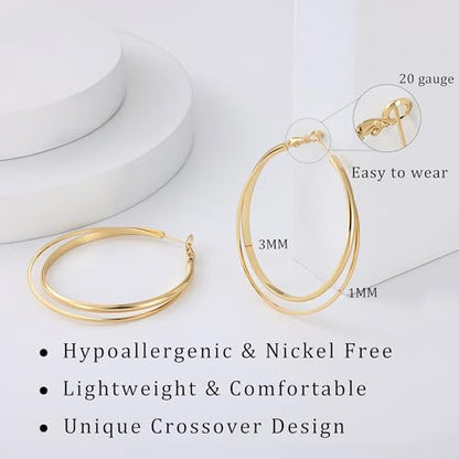 Gacimy Criss Cross Hoop Earrings for Women, 14K Gold Plated Hoops - color: Gold, size: 50mm