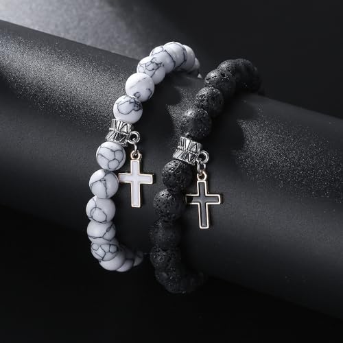 Matte Lava Rock Beaded Couple Bracelet Set for Women Men Black White 8mm Howlite Natural Volcanic Stone Matching Beads Elastic Cross Pendant Stretch Bracelets Religion Charm Friendship BFF Jewelry
