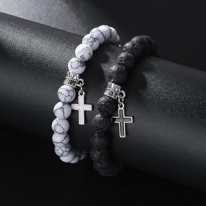 Matte Lava Rock Beaded Couple Bracelet Set for Women Men Black White 8mm Howlite Natural Volcanic Stone Matching Beads Elastic Cross Pendant Stretch Bracelets Religion Charm Friendship BFF Jewelry