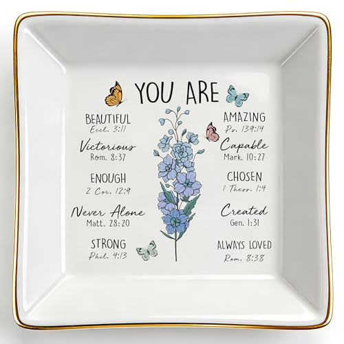 PUDDING CABIN Birthday Gifts for Women, Larkspur Scripture Jewelry Dish, Christian Gifts - style: Larkspur: Positivity, Dignity, Open Heart(July Birth Flower)