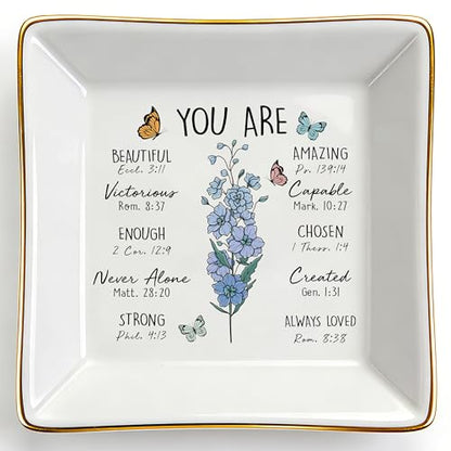 PUDDING CABIN Birthday Gifts for Women, Larkspur Scripture Jewelry Dish, Christian Gifts - style: Larkspur: Positivity, Dignity, Open Heart(July Birth Flower)