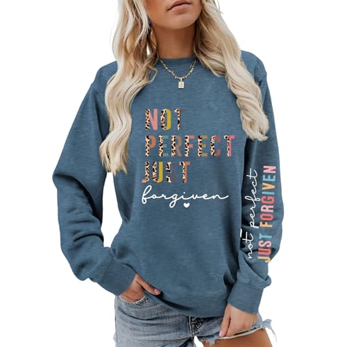 Not Perfect Just Forgiven Christian Crewneck Sweatshirts For Women - color: Blue, size: Large