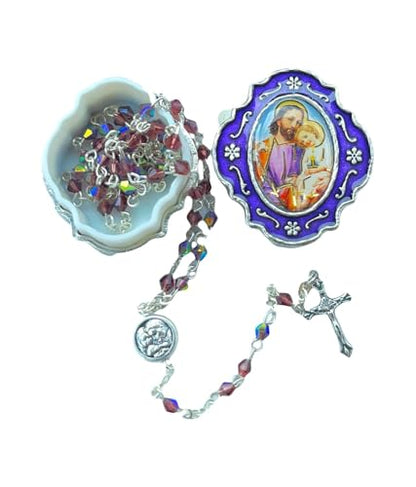Catholic Silver Linked Rosary Set – 3mm Beads, 14.25" Length, Metal Keepsake Gift Box with Enamel Inlay – Perfect First Communion Gift (Saint Joseph) - color: Saint Joseph