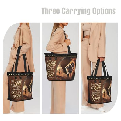 Bible Tote Bags for Women Christian Tote Bag Church Shoulder Bag Inspirational Bags With Zipper Christian Gift - color: Be Still and Know That I Am God 2