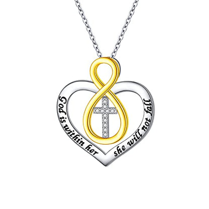 S925 Sterling Silver Christian Cross Heart Faith Bible Verse Necklace Rings - style: God is within her she will not fall -Infinity