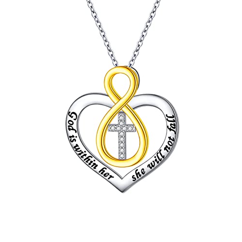 S925 Sterling Silver Christian Cross Heart Faith Bible Verse Necklace Rings - style: God is within her she will not fall -Infinity