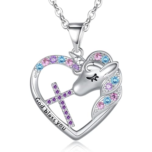 Easter Confirmation First Communion Baptism Gifts for Girls,Cross Birthstone Unicorn Necklaces for Daughter Granddaughter Niece Sister Christian Religious Gifts 16+3 Inches - color: 02.February