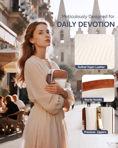 BellaHold Bible Cover Case for Women Quilted Bible Case with Handle Strap - color: White & Brown, size: M/L