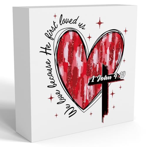 Valentines Day Decorations, Valentines Day Gifts for Her Him, Gift for Boyfriend Girlfriend, Heart Cross Jesus Bible Verse Anniversary Christian Wooden Box Sign Wife Home Office Bedroom Desk Decor - color: 1 John 4:19