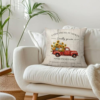 Farmhouse Fall Pumpkin Sunflower Truck Throw Pillow Covers 18x18 - color: Pumpkin-2
