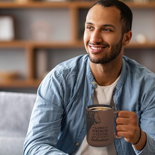 Christian Art Gifts Large Inspirational Ceramic Microwave & Dishwasher Safe Coffee & Tea Scripture Mug for Men & Women: Lord is My Strength Encouraging Bible Verse, Lion Design, Brown & Black, 14 oz. - color: Brown Lion/Lord is My Strength