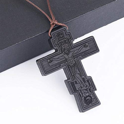 COTTVOTT Wood Orthodox Cross Pendant Necklace Christian Crucifix Necklace Prayer Jesus for Women Men - style: B-Black Color
