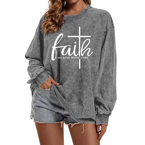 Christian Shirts for Women Faith Can Move Mountains Acid Wash Shirt Jesus Religious Bible Verse Long Sleeve Top - color: Gray, size: Medium