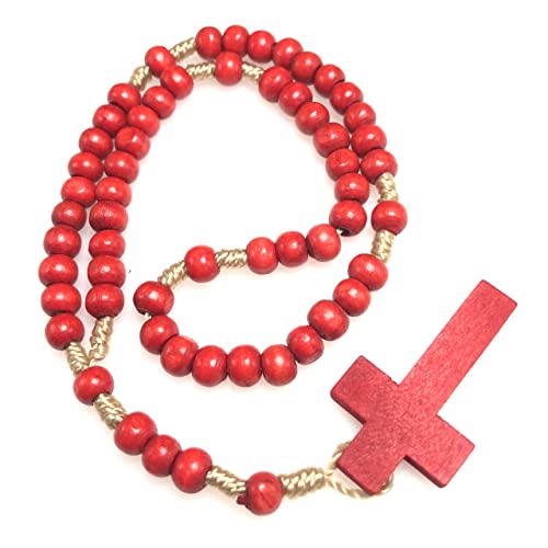 COLORFUL BLING Natural Wooden Catholic Rosaries Wood Crucifix Prayer Beads Pendant Necklace Prayer Jesus Religious Cross Rosary Necklace Handmade Jewelry - color: red pure