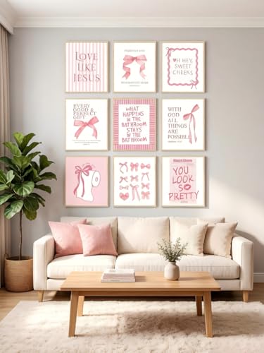 Pink Bow Bathroom Wall Art 9Pcs Bathroom Wall Decor Preppy Girly Posters - color: pink