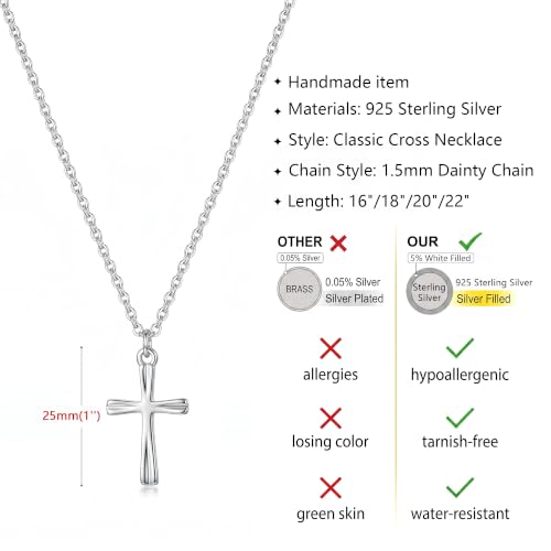 925 Sterling Silver Cross Necklace for Women, Dainty Silver Non Tarnish Waterproof Cross Pendant Simple Necklaces for Women Christian Baptism Religious Faith Jewelry Gifts 16-22 Inches Chain