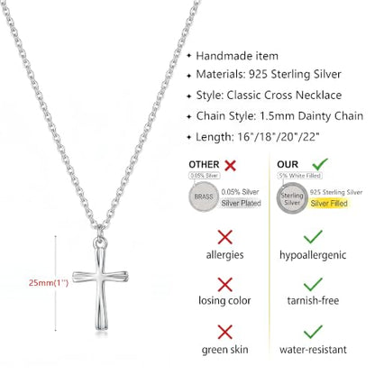 925 Sterling Silver Cross Necklace for Women, Dainty Silver Non Tarnish Waterproof Cross Pendant Simple Necklaces for Women Christian Baptism Religious Faith Jewelry Gifts 16-22 Inches Chain