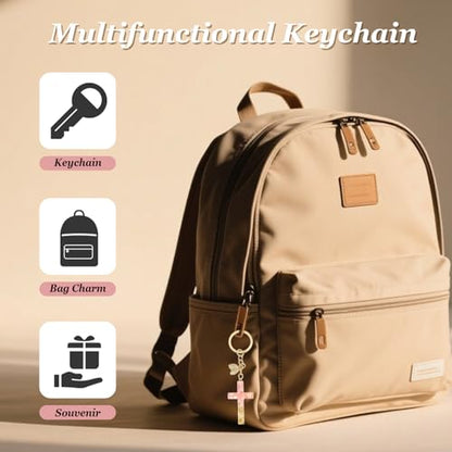 Angyape Cute Christian Cross Keychain for Women Purse Bag Charms Car Key Rings Accessories Flower Design Jesus Faith Gifts - color: I：pink