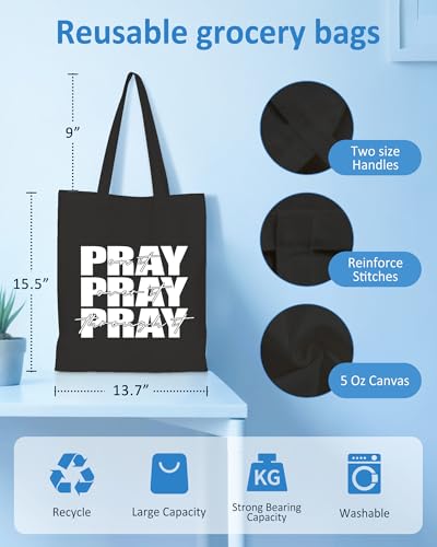 Women's Pray On It Pray Over It Pray Through It Canvas Tote Bag Religious Prayer Christian Gift Reusable Grocery Bag - color: Black