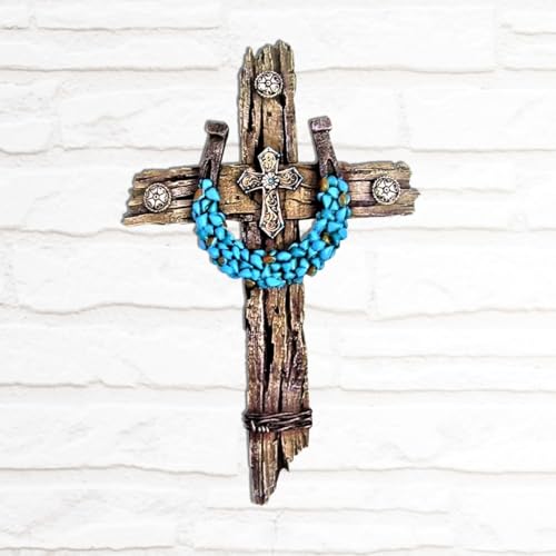 Rustic Drifted Wood Look Wall Cross - Turquoise Decor Horseshoe Wall Art