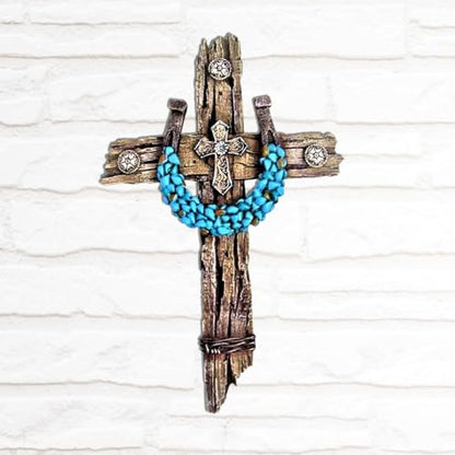 Rustic Drifted Wood Look Wall Cross - Turquoise Decor Horseshoe Wall Art