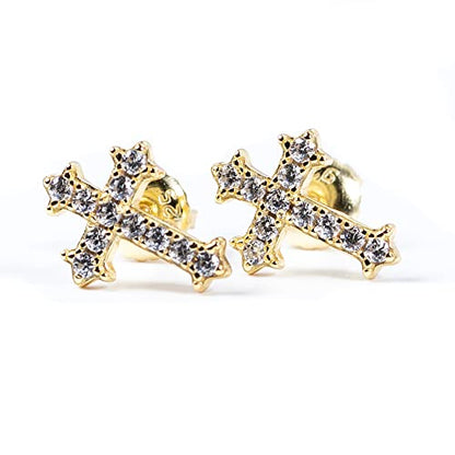 Small Mens Women's Prong Set Iced 5A Cz Hip Hop Yellow Gold 925 Sterling Silver Screw Back Post Hypoallergenic Crucifix Ice Out Cubic Zirconia Gothic Cross Stud Earrings
