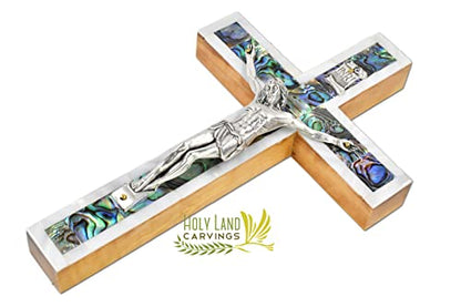 6 Inch Mother of Pearl Wall Crucifix Cross, Olive Wood Cross for Wall Covered with Mother of Pearl Made in the Holy Land
