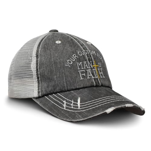 Soft Mesh Cap Hat Embroidered Man of Faith God Jesus Christian Distressed Vintage Cap Cotton - color: Black Gray Personalized Text Here