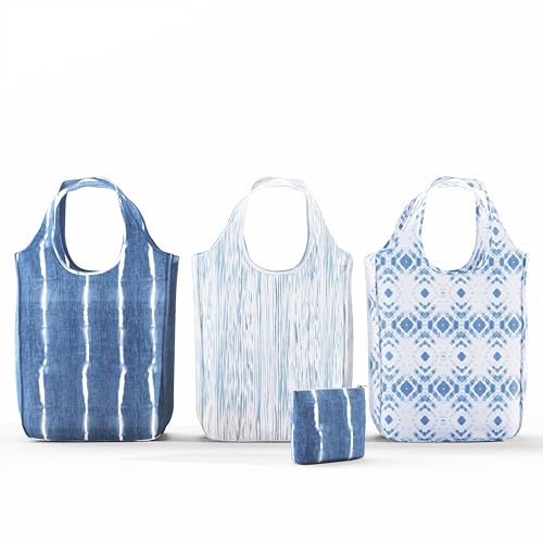Pure Sage Reusable Grocery Bag - Stylish Shopping Bags for Groceries - Foldable Tote Bag - color: Indigo 3 Medium