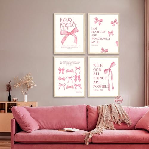 RERNIE 4 Pcs Bible Verses Canvas Wall Art Christian Scripture Print Poster Picture Religious Gallery Artwork for Girls Bedroom Pink Bow Inspirational Decor 12x16 Inch Unframed - color: Pink Bible Bow, size: 12x16 inch