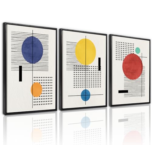 LHIUEM Mid-Century Modern Geometric Wall Art Framed Minimalist Large Painting Set of 3(12”X16”) Boho Black Framed Wall Decor Beige Bohemian Line Art Prints for Living Room Bedroom Gallery - color: Boho