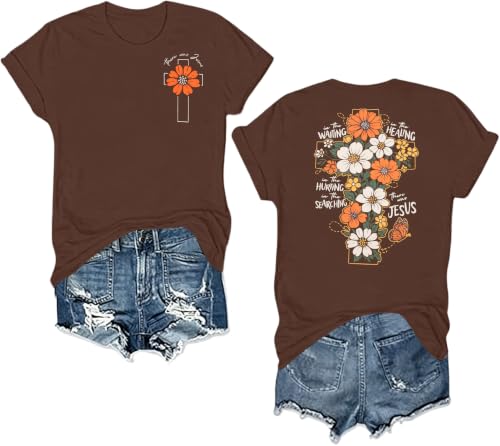 Christian Shirts Women Oversized Jesus God T Shirts Bible Verse Tees Tops - color: A-brown, size: Large