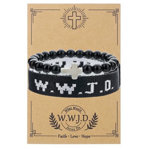 WWJD What Would Jesus Do Christian Stackable Bracelet Set for Women Men, Inspirational Faith Cross Beaded Elastic Wristbands, Religious Bible Verse Jewelry Gift for Church - color: Black 2pcs A