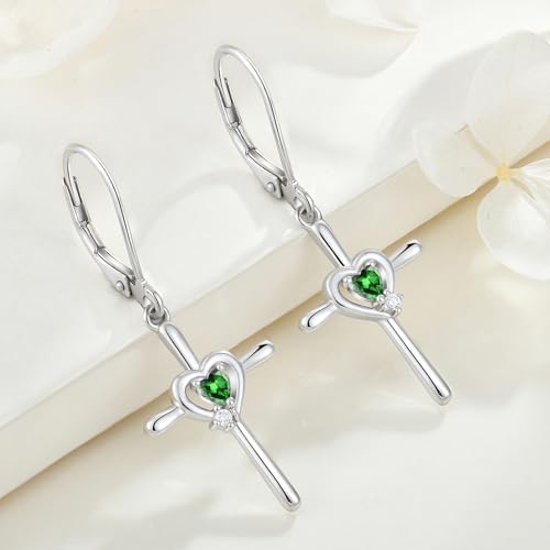 Cross Earrings 925 Sterling Silver Opal Crucifix Dangle Drop Earring Heart Birthstone Religious Jewelry for Women - color: 05-emerald-May