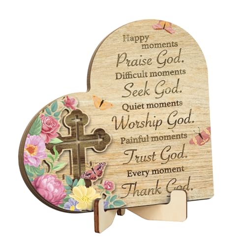 Putuo Decor Christian Heart-Shaped Table Decor, Inspirational Cross Office Desk Accessories, Praise God Floral Design Desktop Decoration for Home Dining Table,Party or Gift - color: heart