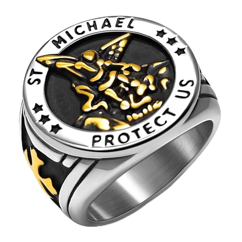 Saints Michael Ring for Men, 18K Gold Plated/Black Metal, St. Michael San Miguel The Great Protector Archangel Defeating Satan Figurine Stainless Steel Amulet Rings, Size 7-14, Send Gift Box - color: F-Black&Gold Plated