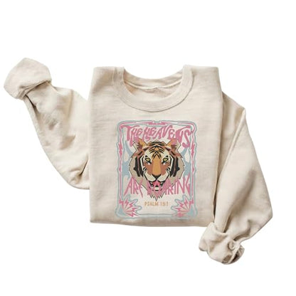 FITIN Unisex The Heavens Are Roaring Psalm 19:1 Sweatshirt – Christian Tiger Graphic Faith Crewneck - color: Sand, size: Medium